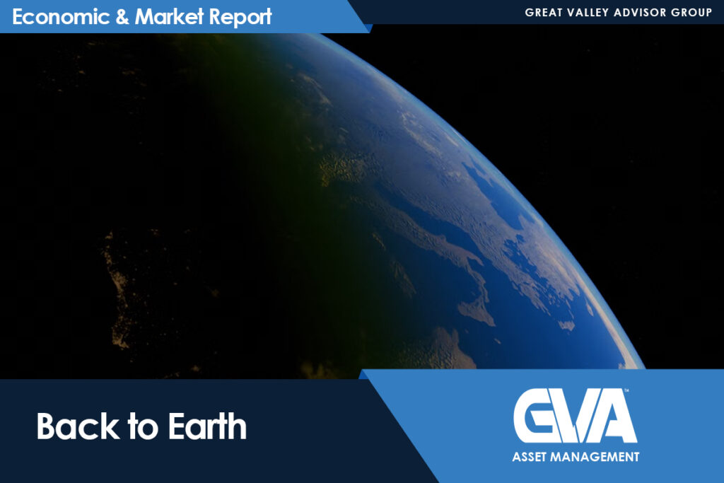 Earth viewed from space with a dark night side, featuring the 'Economic & Market Report' header and 'Back to Earth' title with GVA Asset Management branding at the bottom.