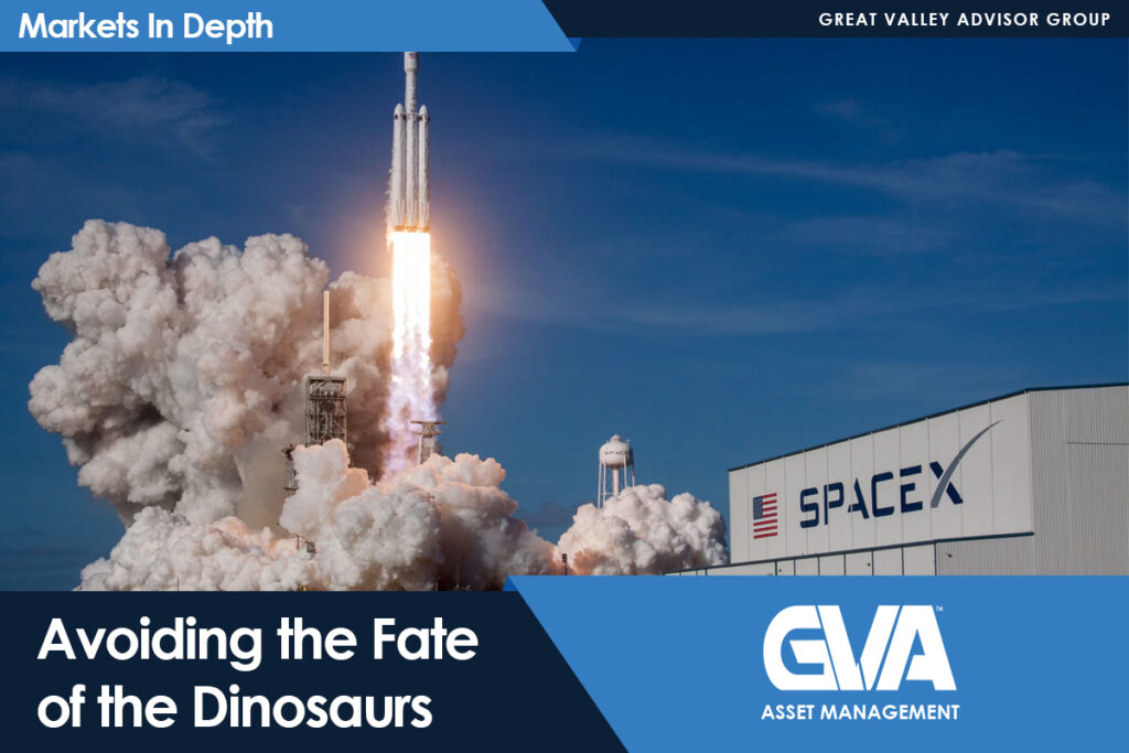 Rocket launches from a SpaceX launch pad, with a bright flame and huge plume of smoke; SpaceX hangar visible in the background, branding for Markets In Depth and GVA Asset Management present.