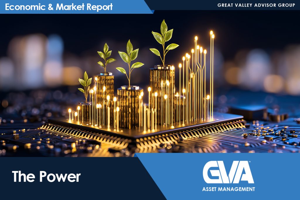 Cover image for Economic & Market Report by GVA Asset Management: growing plant figures rising from a microchip on a dark background with bright lights at the tips of circuit traces.