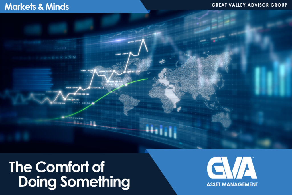 Global financial chart with a rising white line over a world map on a blue banner for Markets & Minds by Great Valley Advisor Group (GVA) Asset Management.