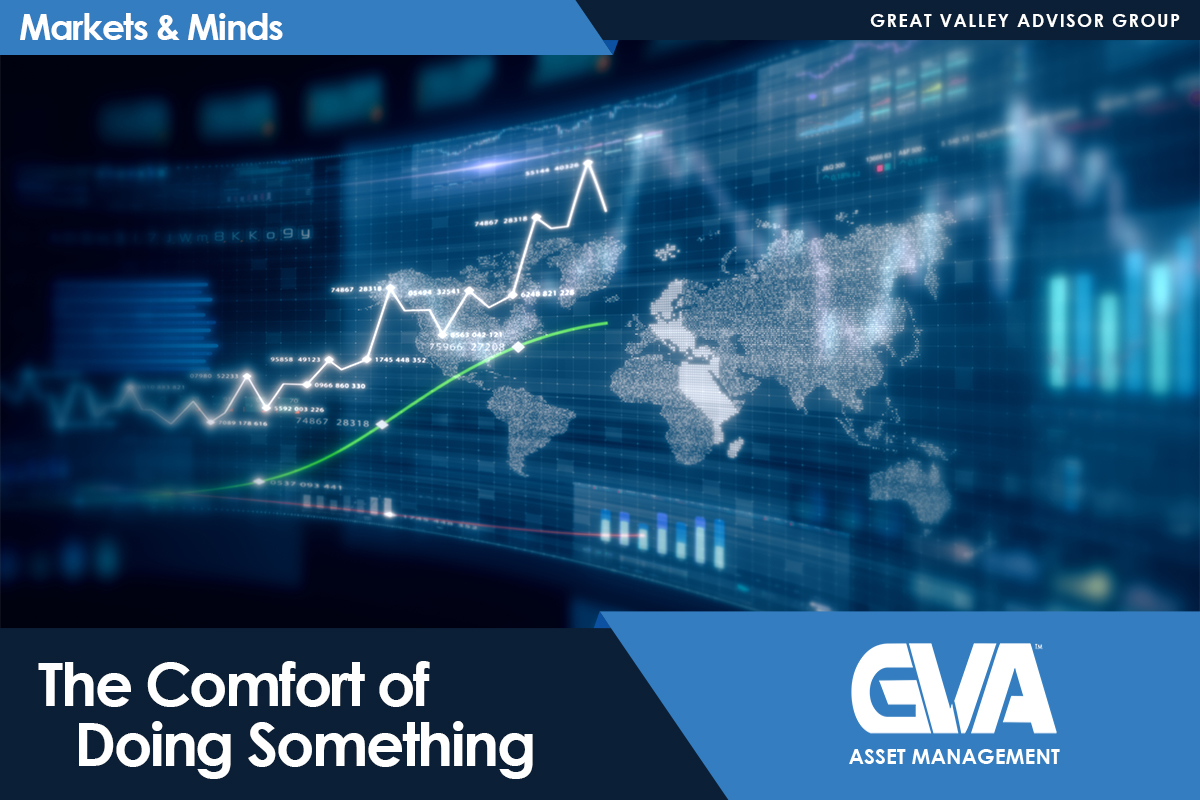 Global financial chart with a rising white line over a world map on a blue banner for Markets & Minds by Great Valley Advisor Group (GVA) Asset Management.