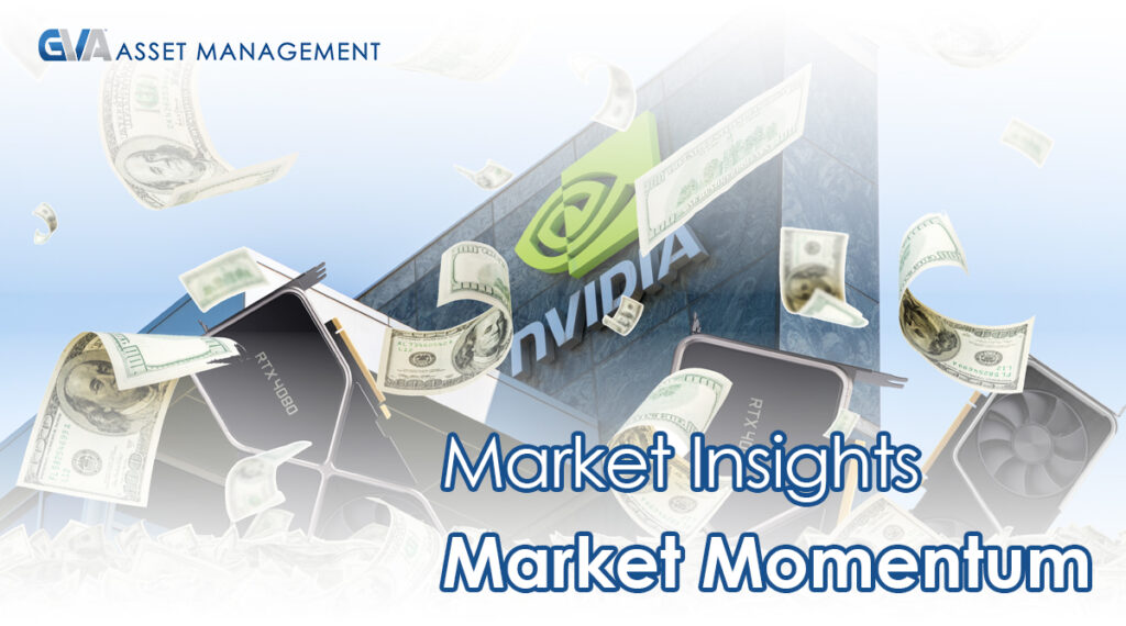 Hero image for CVA Asset Management: NVIDIA logo on a building with flying dollar bills, GPUs visible; headline reads 'Market Insights Market Momentum'