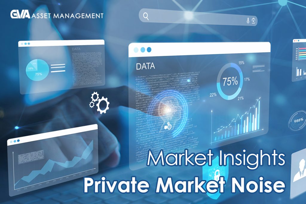 Blue, futuristic dashboard with charts and data visuals overlaid; foreground text reads 'Market Insights' and 'Private Market Noise' (informational hero image).