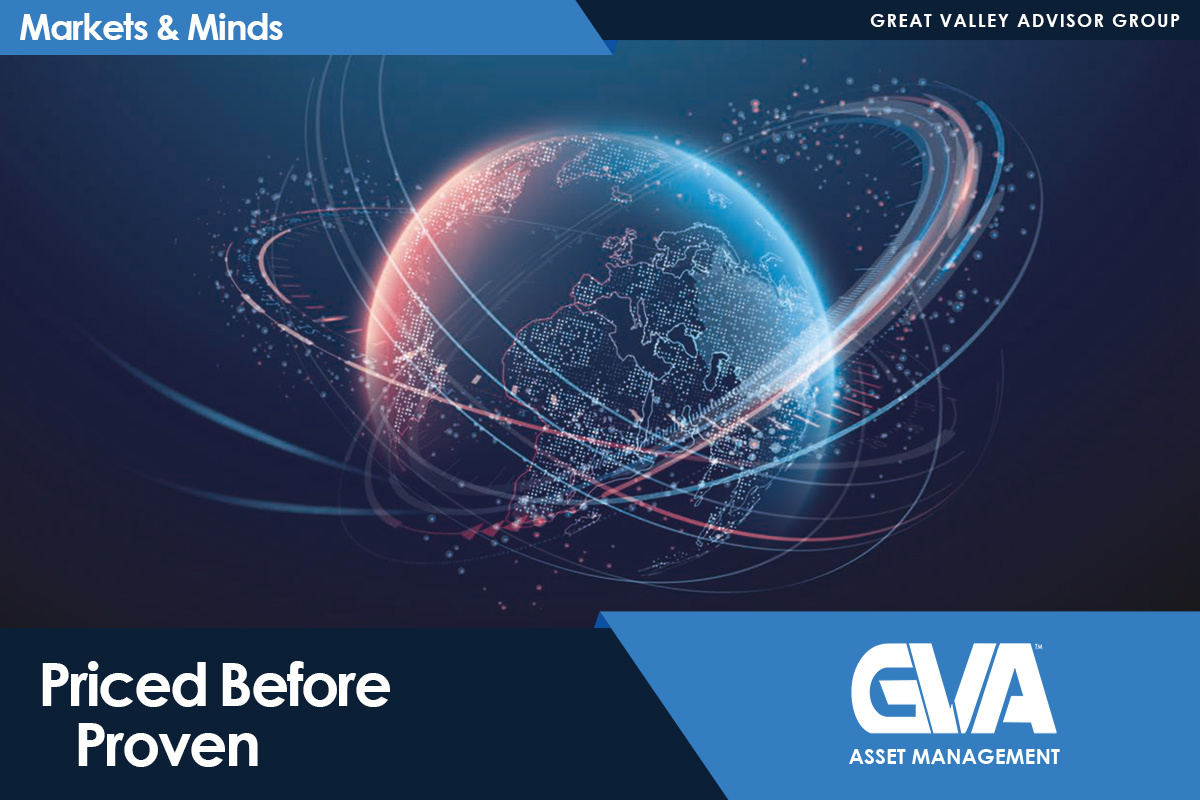 Glowing globe with orbiting light trails on a dark blue background, featuring the 'Priced Before Proven' slogan and the GVA Asset Management logo.