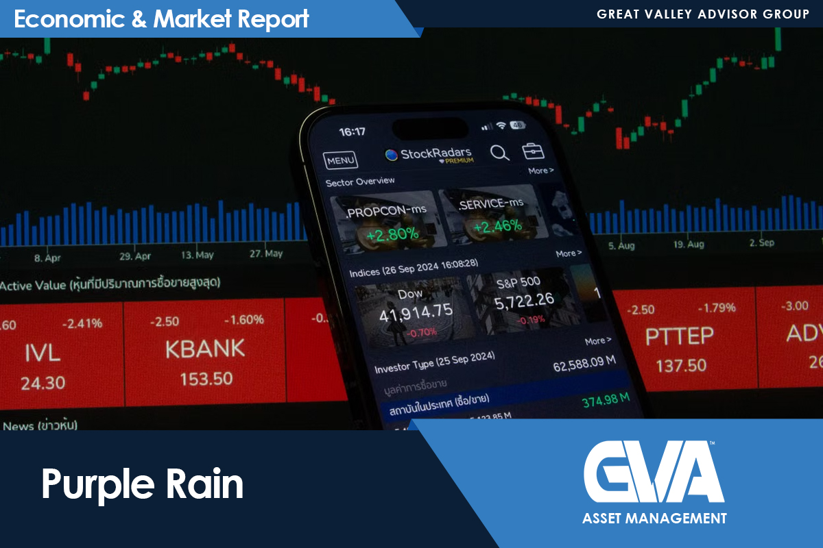 Smartphone screen shows a market-tracking app over a red-green stock chart with blue bars, titled stock indicators, against a financial dashboard backdrop.